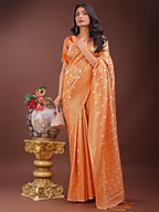 Shree Shyam Fashion Elegant Peach Linen Saree with Silver Zari Butta & Pallu - Daily Wear | Festive Look | Soft Feel