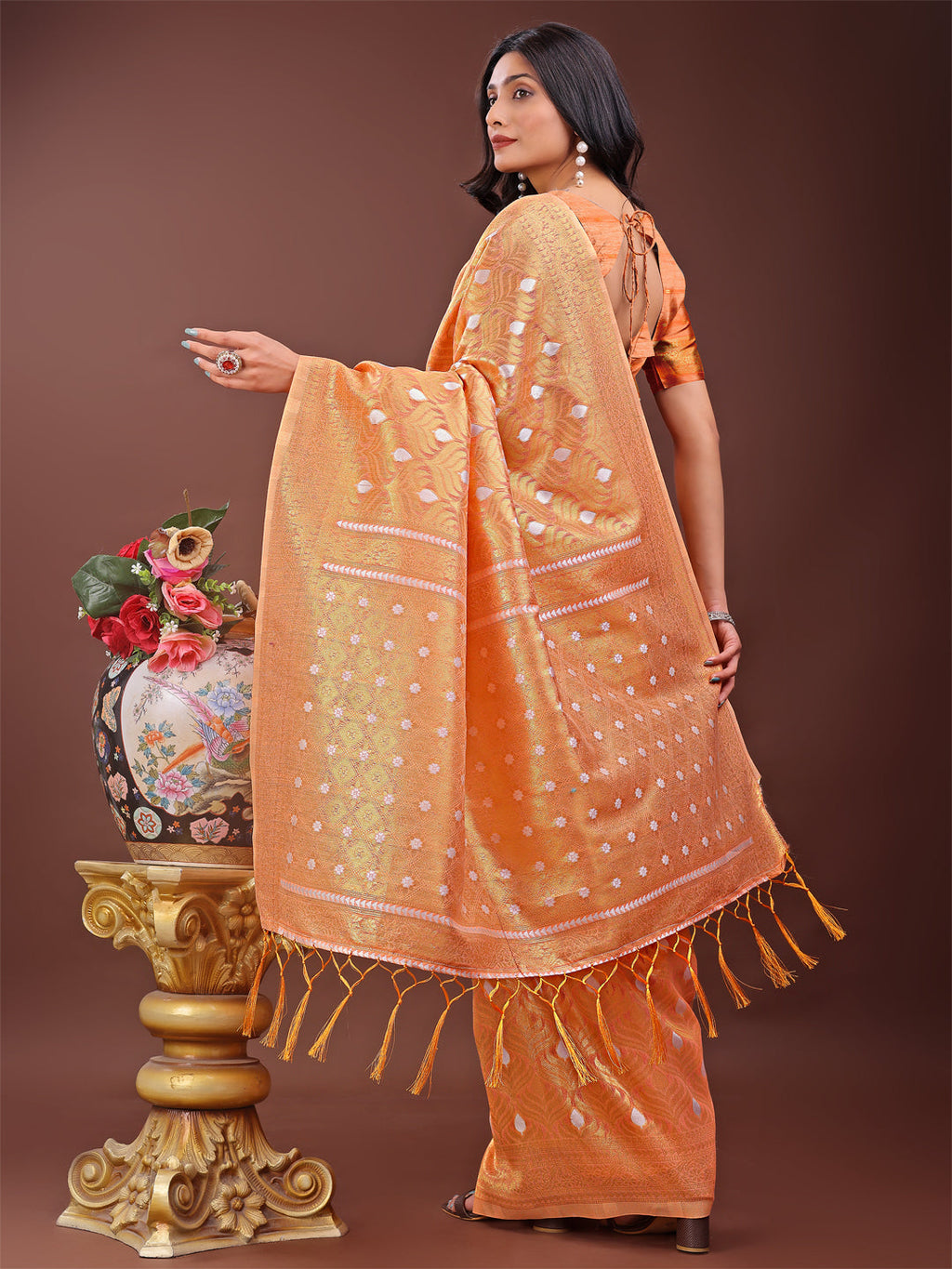 Shree Shyam Fashion Elegant Peach Linen Saree with Silver Zari Butta & Pallu - Daily Wear | Festive Look | Soft Feel