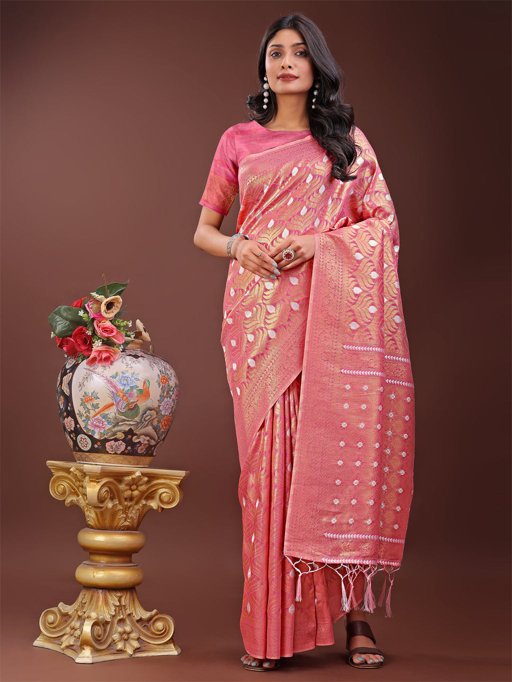 Shree Shyam Fashion Elegant Pink Linen Saree with Silver Zari Butta & Pallu - Daily Wear | Festive Look | Soft Feel