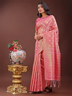 Shree Shyam Fashion Elegant Pink Linen Saree with Silver Zari Butta & Pallu - Daily Wear | Festive Look | Soft Feel