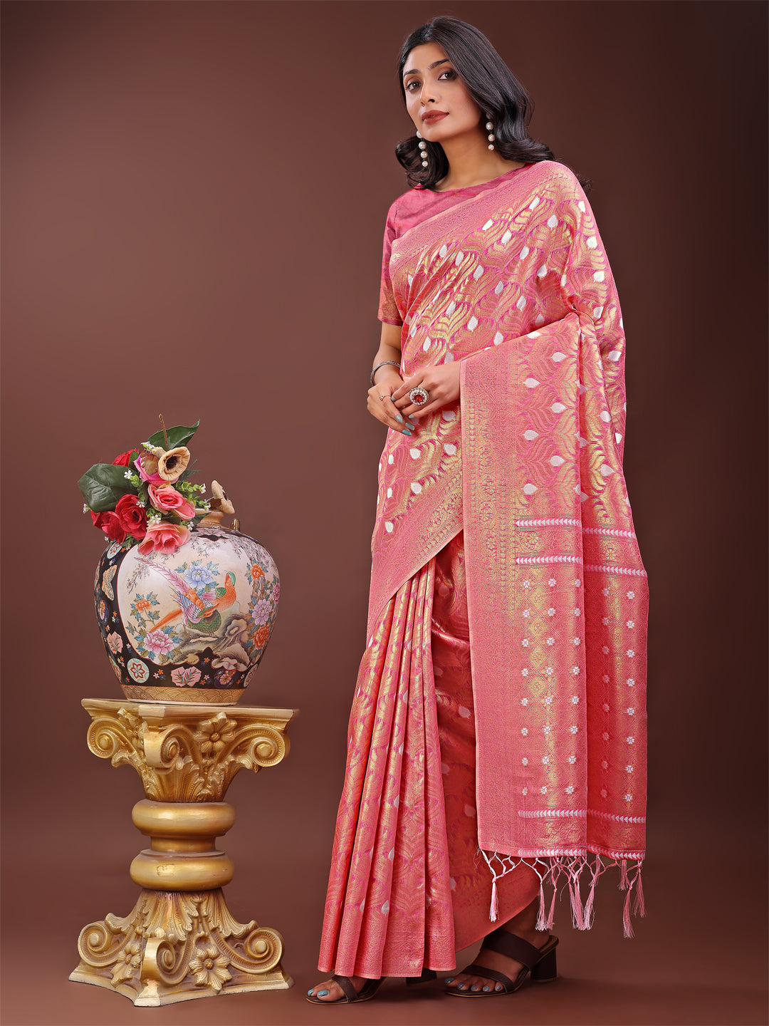 Shree Shyam Fashion Elegant Pink Linen Saree with Silver Zari Butta & Pallu - Daily Wear | Festive Look | Soft Feel