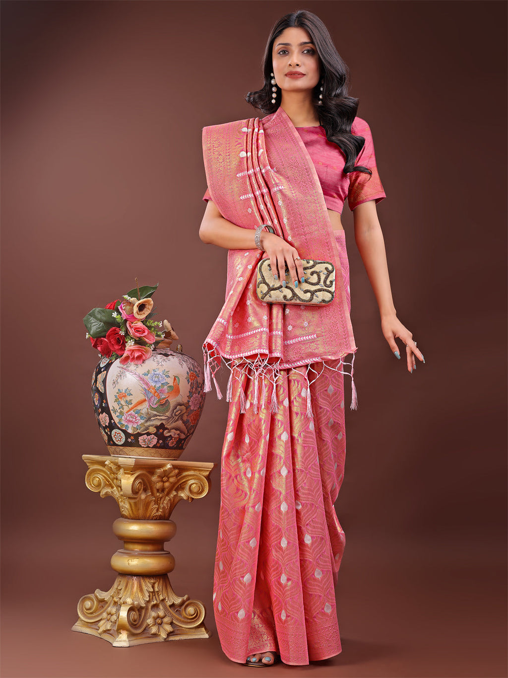 Shree Shyam Fashion Elegant Pink Linen Saree with Silver Zari Butta & Pallu - Daily Wear | Festive Look | Soft Feel