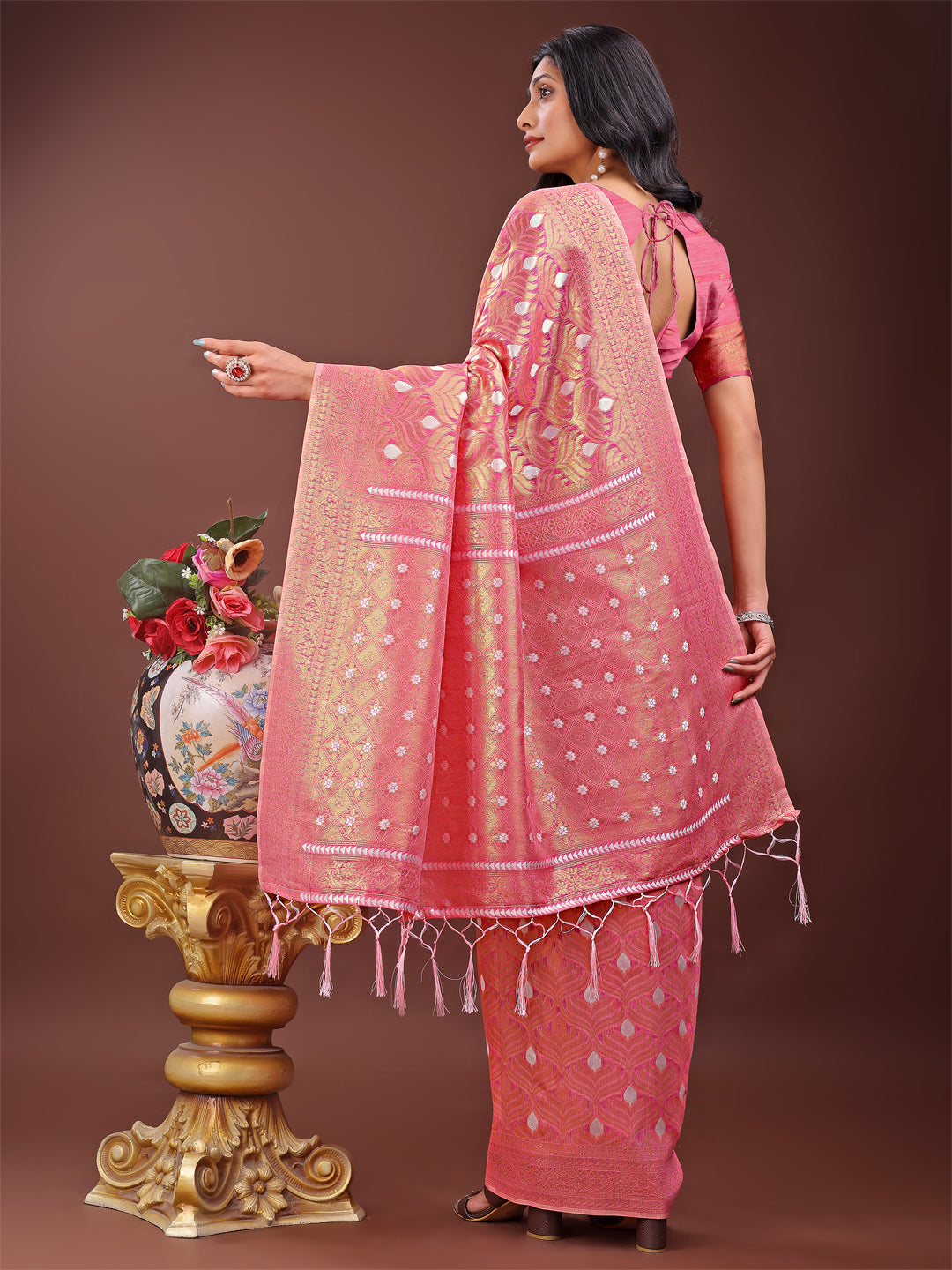 Shree Shyam Fashion Elegant Pink Linen Saree with Silver Zari Butta & Pallu - Daily Wear | Festive Look | Soft Feel