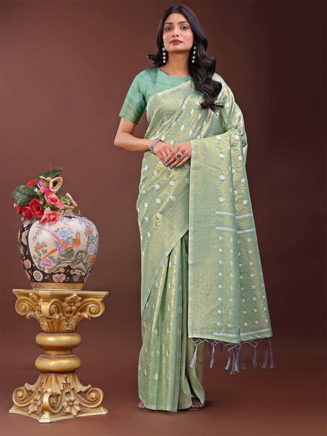 Shree Shyam Fashion Elegant Teal Linen Saree with Silver Zari Butta & Pallu - Daily Wear | Festive Look | Soft Feel