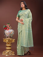 Shree Shyam Fashion Elegant Teal Linen Saree with Silver Zari Butta & Pallu - Daily Wear | Festive Look | Soft Feel