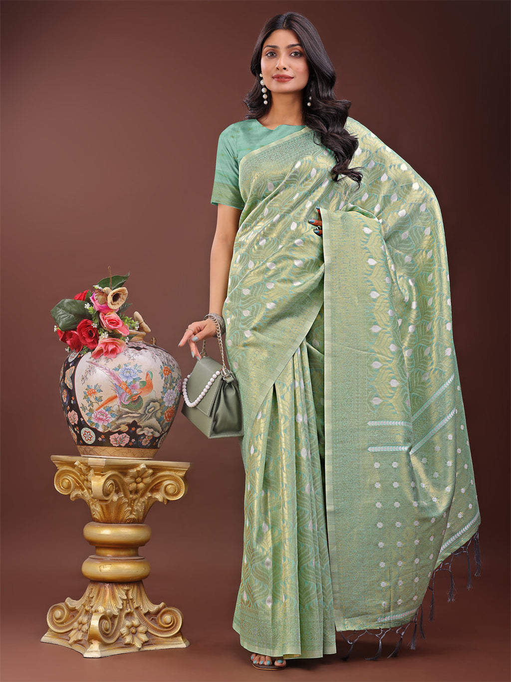 Shree Shyam Fashion Elegant Teal Linen Saree with Silver Zari Butta & Pallu - Daily Wear | Festive Look | Soft Feel