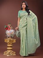Shree Shyam Fashion Elegant Teal Linen Saree with Silver Zari Butta & Pallu - Daily Wear | Festive Look | Soft Feel