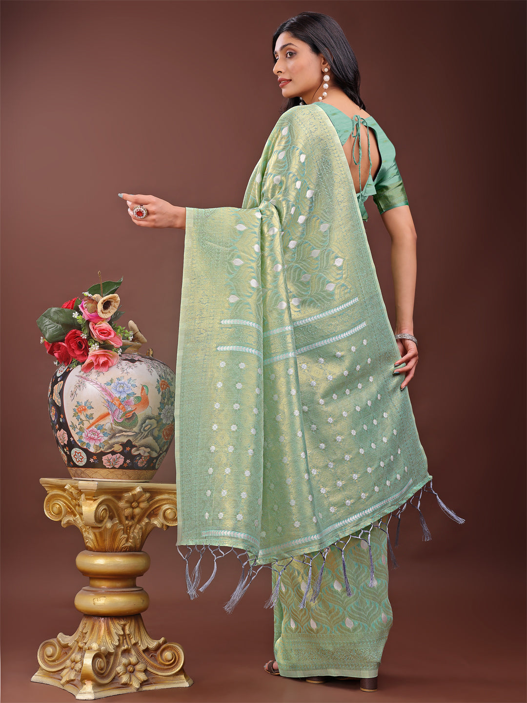 Shree Shyam Fashion Elegant Teal Linen Saree with Silver Zari Butta & Pallu - Daily Wear | Festive Look | Soft Feel