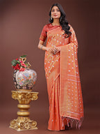 Shree Shyam Fashion Elegant Orange Linen Saree with Silver Zari Butta & Pallu - Daily Wear | Festive Look | Soft Feel