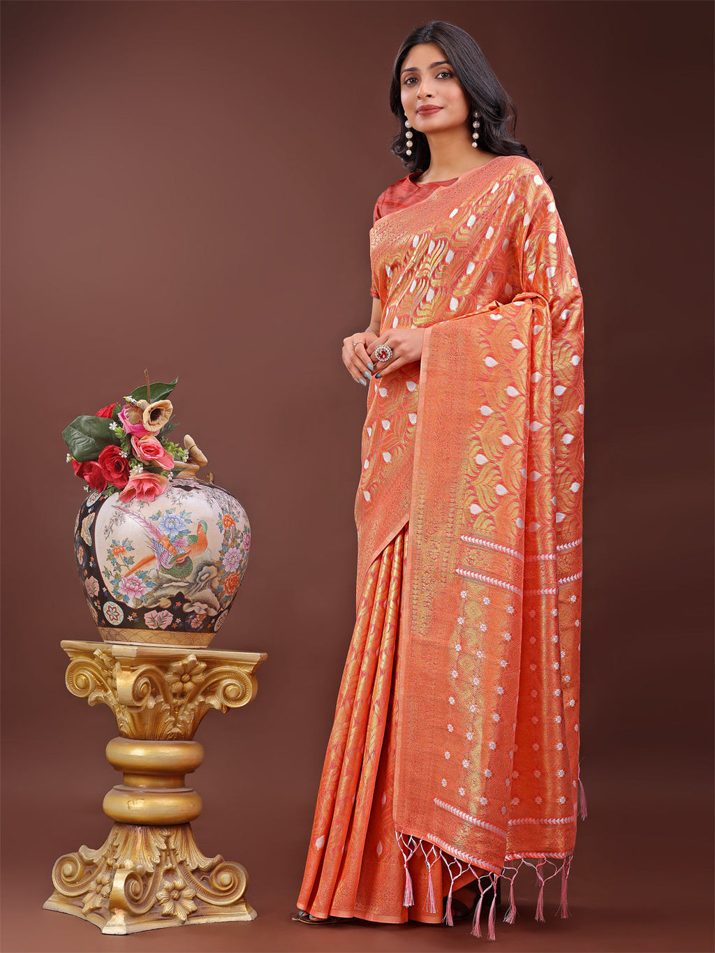 Shree Shyam Fashion Elegant Orange Linen Saree with Silver Zari Butta & Pallu - Daily Wear | Festive Look | Soft Feel