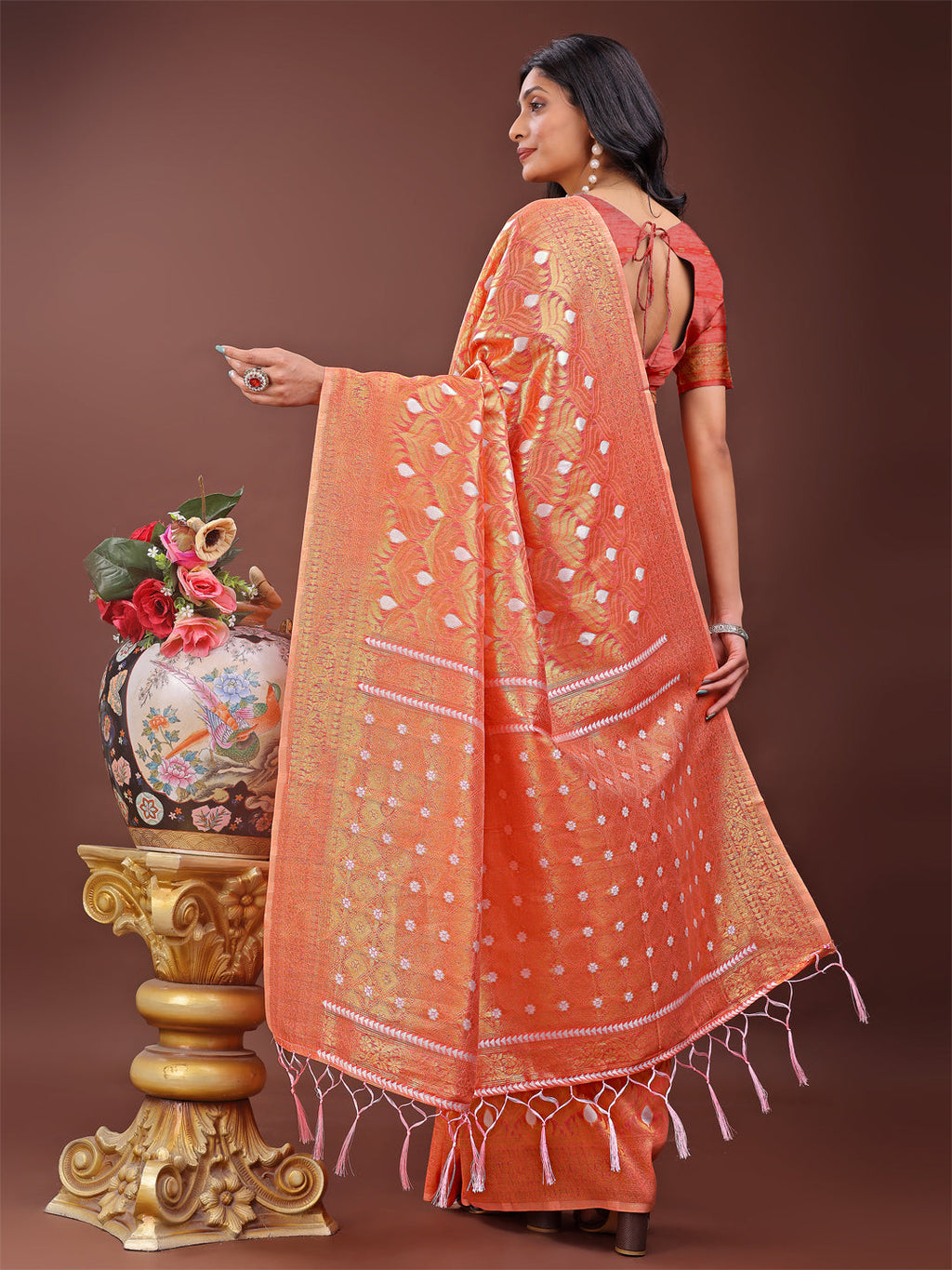 Shree Shyam Fashion Elegant Orange Linen Saree with Silver Zari Butta & Pallu - Daily Wear | Festive Look | Soft Feel