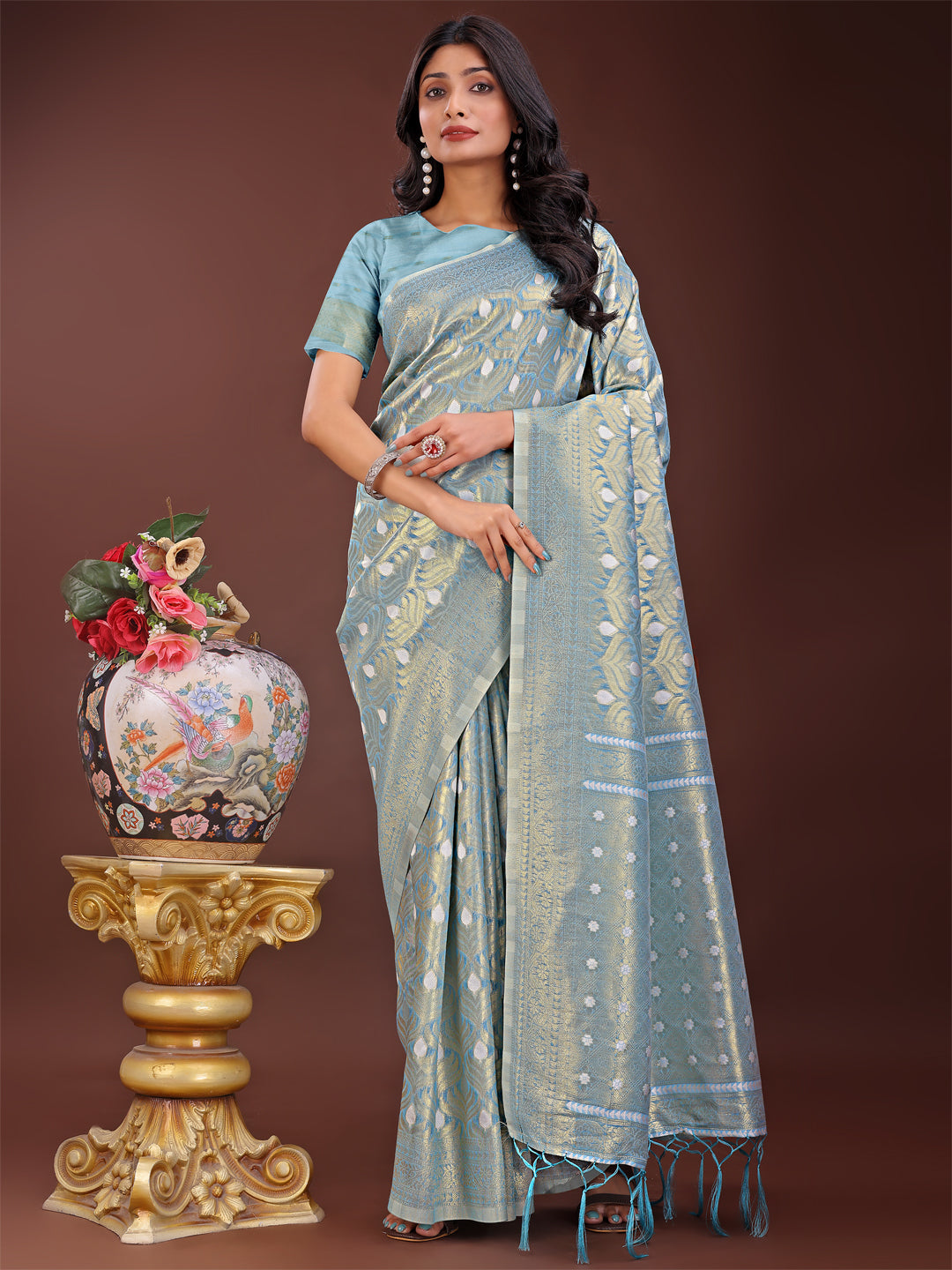 Shree Shyam Fashion Elegant Sky Blue Linen Saree with Silver Zari Butta & Pallu - Daily Wear | Festive Look | Soft Feel