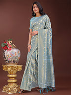 Shree Shyam Fashion Elegant Sky Blue Linen Saree with Silver Zari Butta & Pallu - Daily Wear | Festive Look | Soft Feel