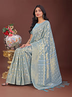 Shree Shyam Fashion Elegant Sky Blue Linen Saree with Silver Zari Butta & Pallu - Daily Wear | Festive Look | Soft Feel