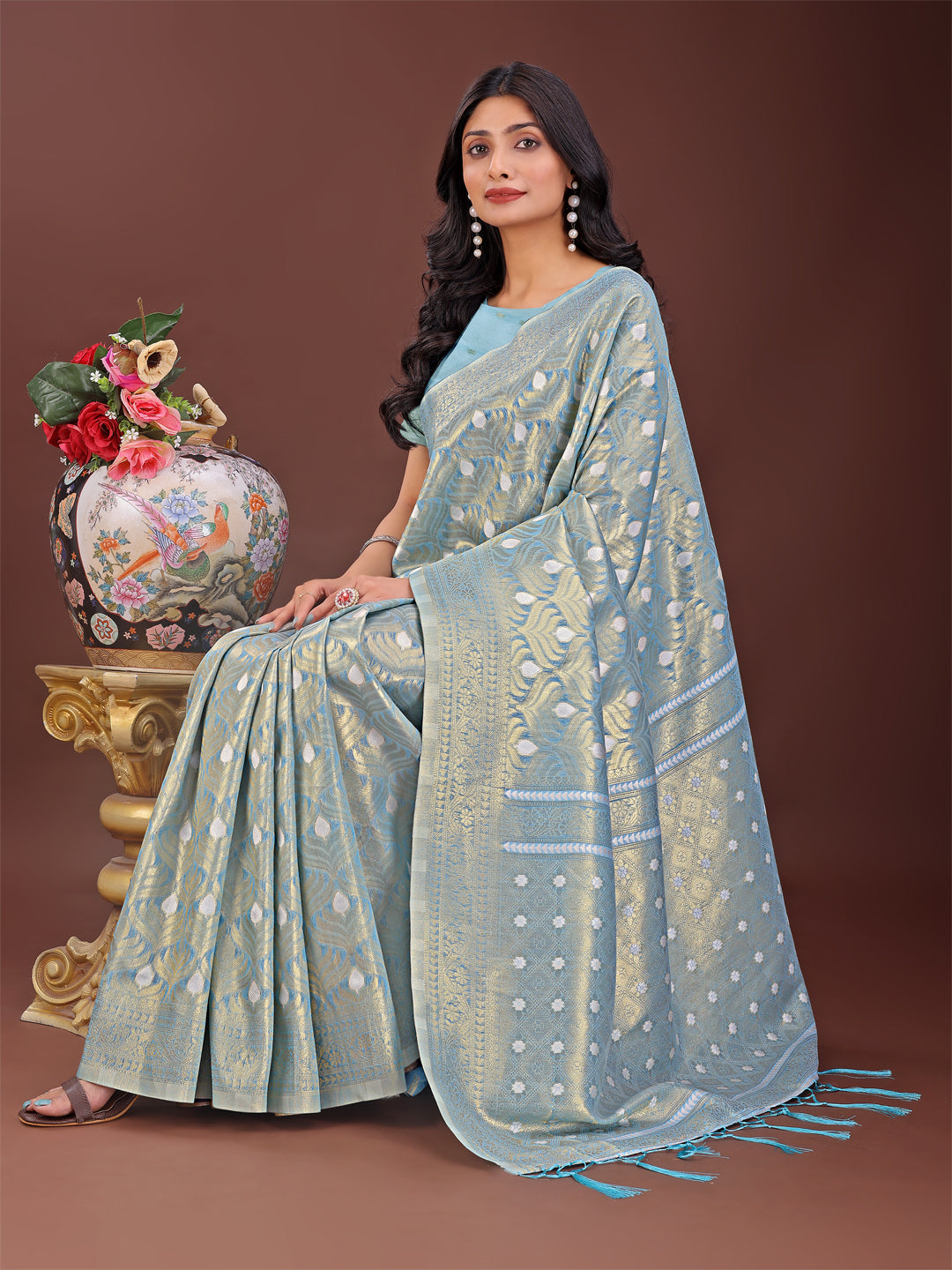 Shree Shyam Fashion Elegant Sky Blue Linen Saree with Silver Zari Butta & Pallu - Daily Wear | Festive Look | Soft Feel