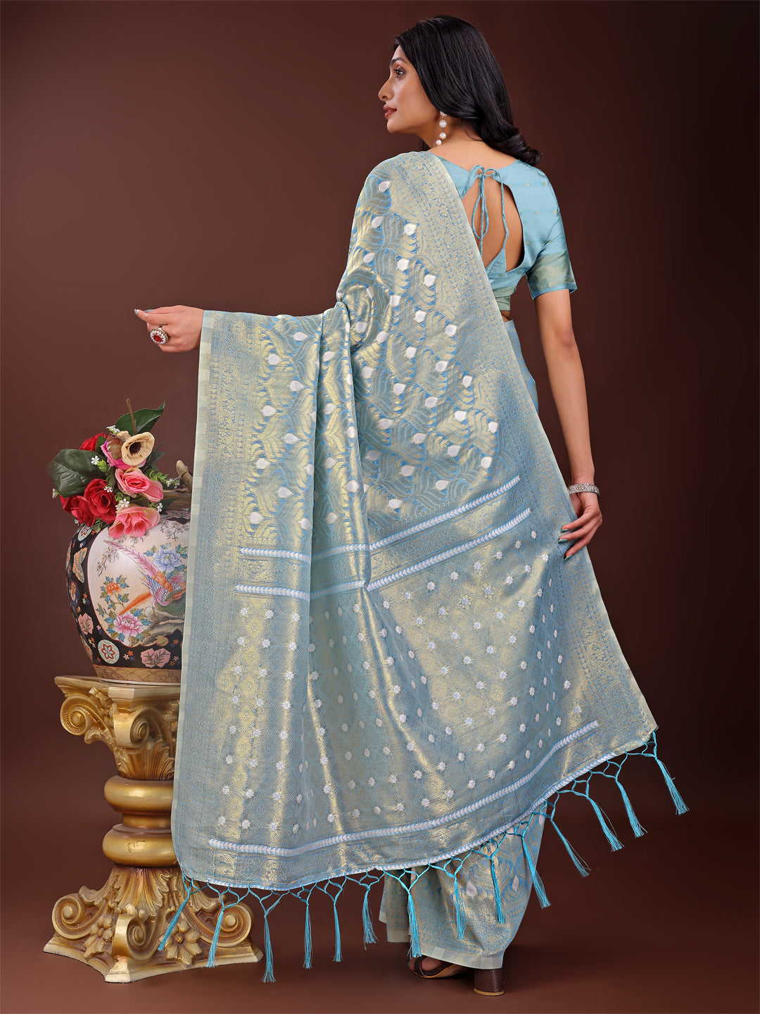 Shree Shyam Fashion Elegant Sky Blue Linen Saree with Silver Zari Butta & Pallu - Daily Wear | Festive Look | Soft Feel