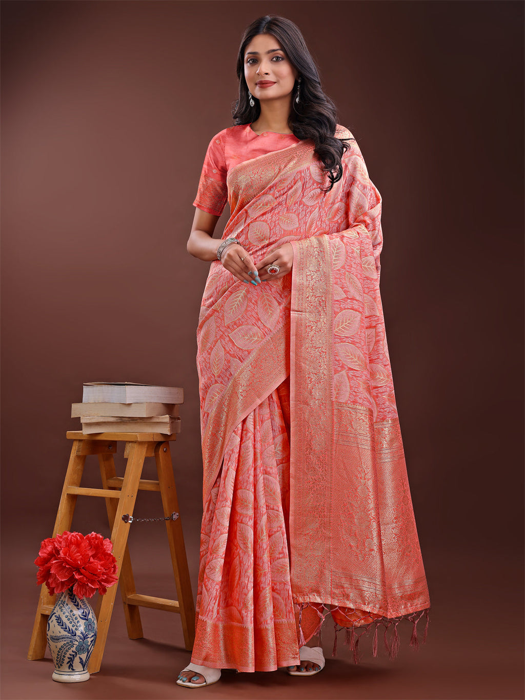 Shree Shyam Fashion Peach Pink Linen Cotton Saree with Golden Zari Leaf Design & Elegant Pallu - Festive | Office | Daily Wear