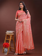 Shree Shyam Fashion Peach Pink Linen Cotton Saree with Golden Zari Leaf Design & Elegant Pallu - Festive | Office | Daily Wear