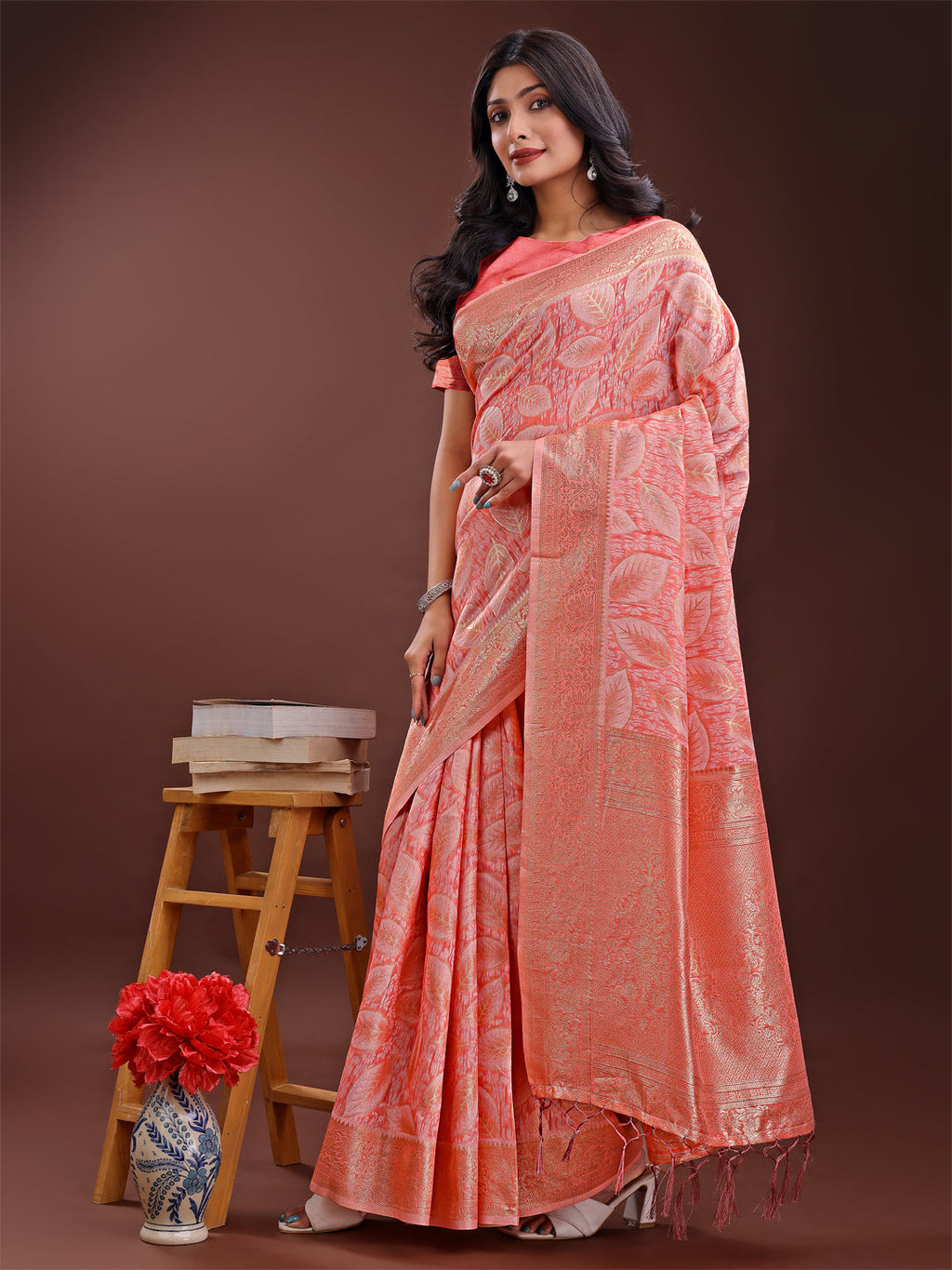 Shree Shyam Fashion Peach Pink Linen Cotton Saree with Golden Zari Leaf Design & Elegant Pallu - Festive | Office | Daily Wear