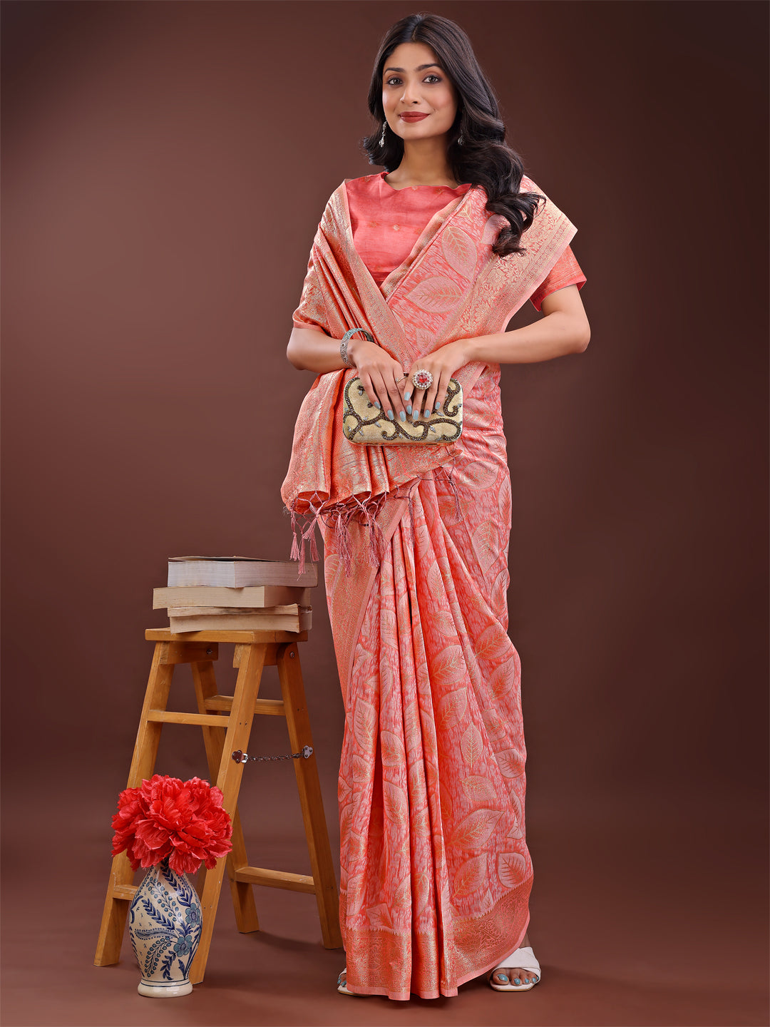 Shree Shyam Fashion Peach Pink Linen Cotton Saree with Golden Zari Leaf Design & Elegant Pallu - Festive | Office | Daily Wear
