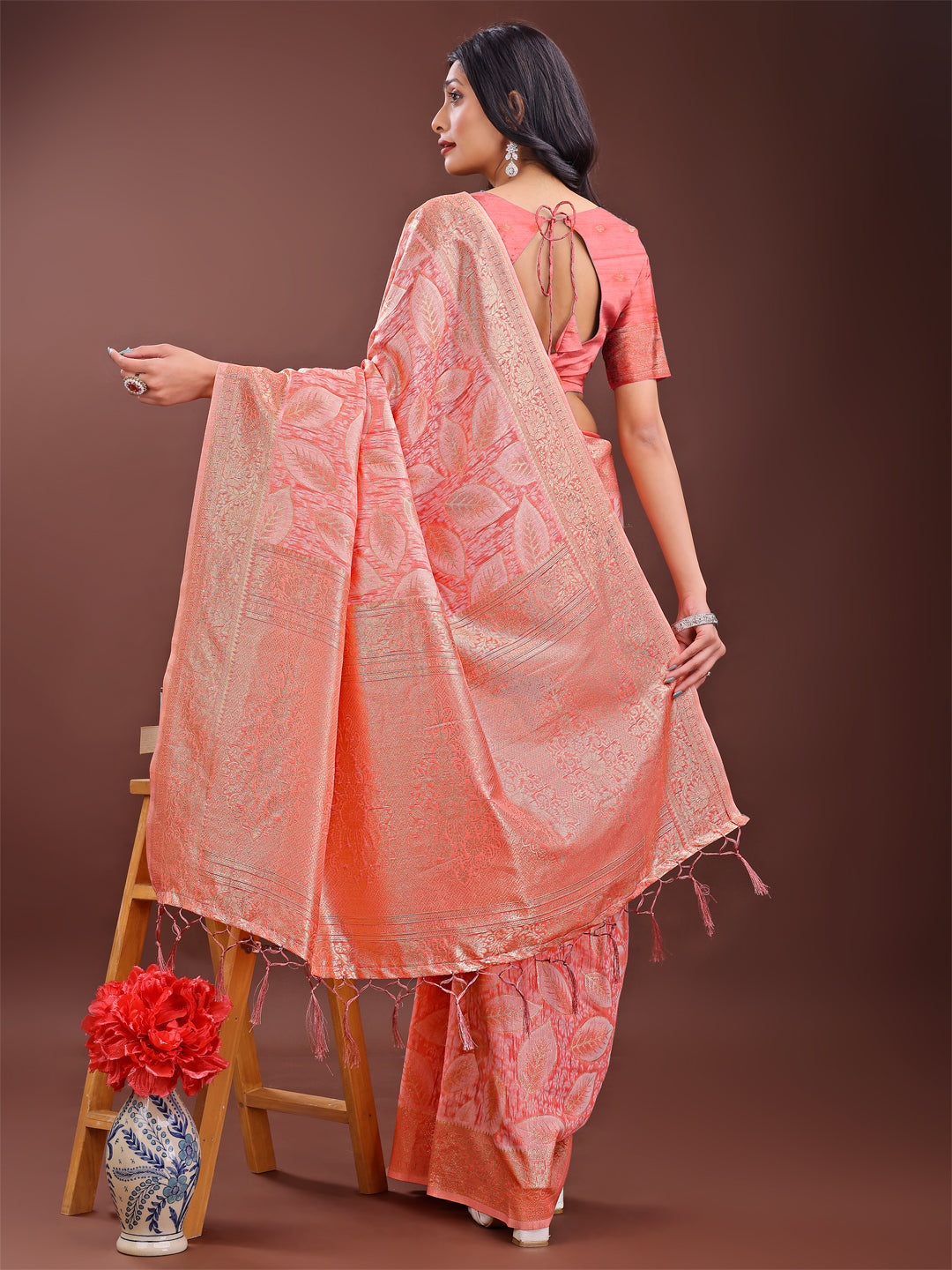 Shree Shyam Fashion Peach Pink Linen Cotton Saree with Golden Zari Leaf Design & Elegant Pallu - Festive | Office | Daily Wear