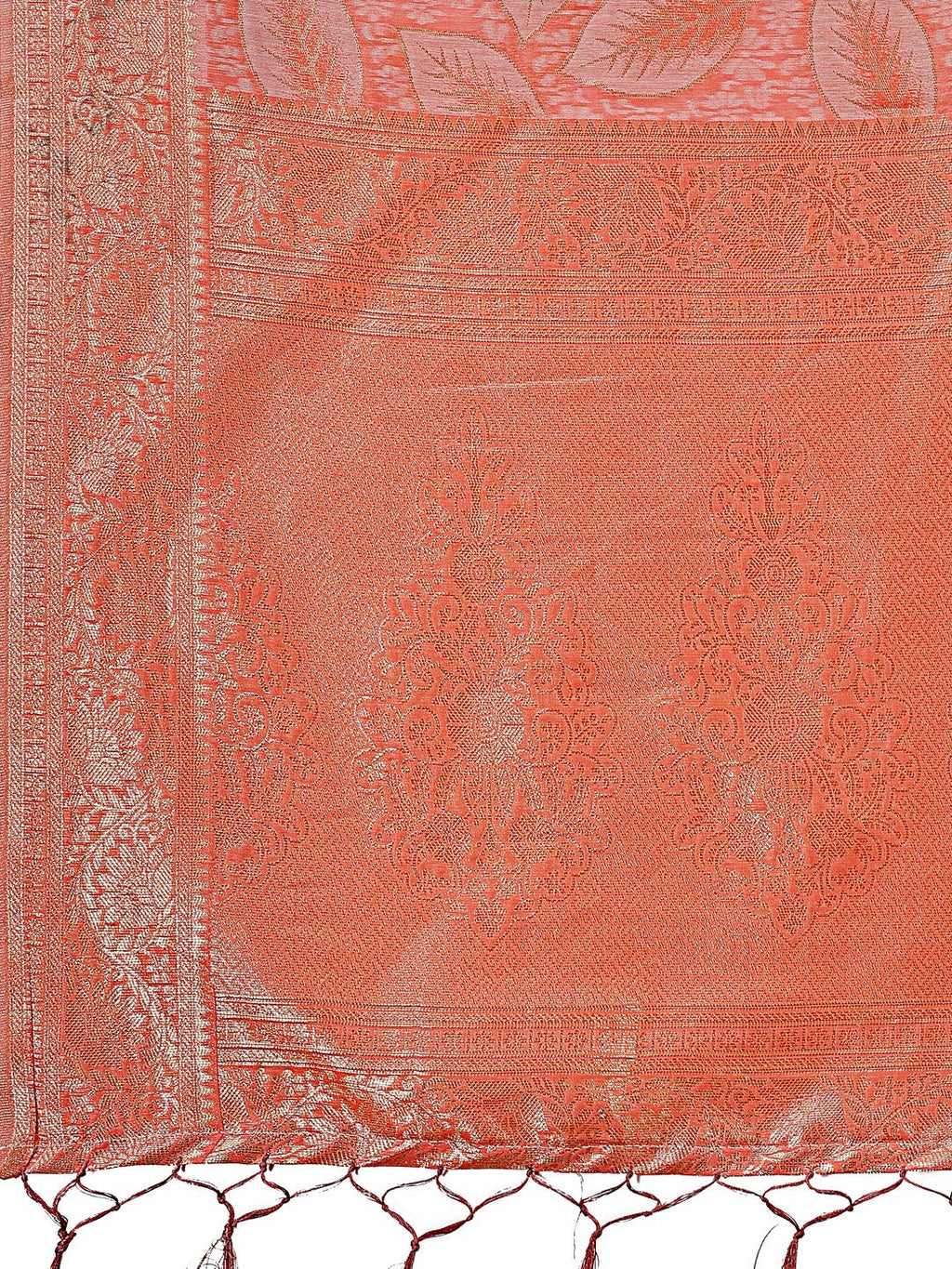Shree Shyam Fashion Peach Pink Linen Cotton Saree with Golden Zari Leaf Design & Elegant Pallu - Festive | Office | Daily Wear