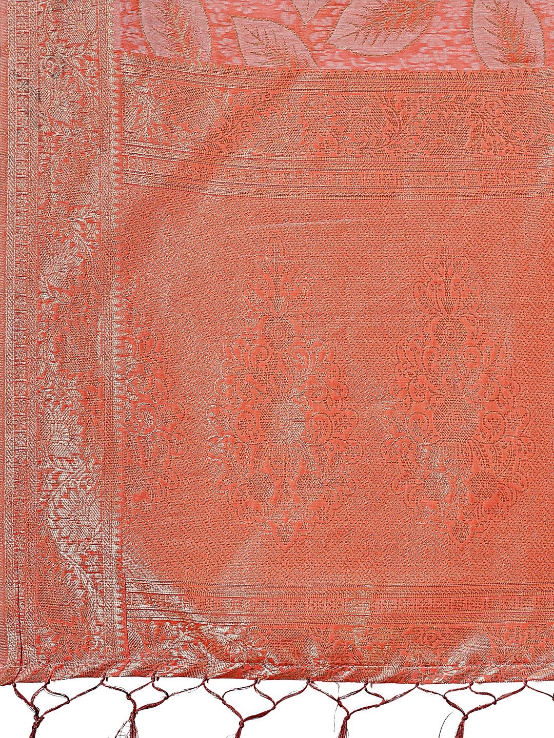 Shree Shyam Fashion Peach Pink Linen Cotton Saree with Golden Zari Leaf Design & Elegant Pallu - Festive | Office | Daily Wear