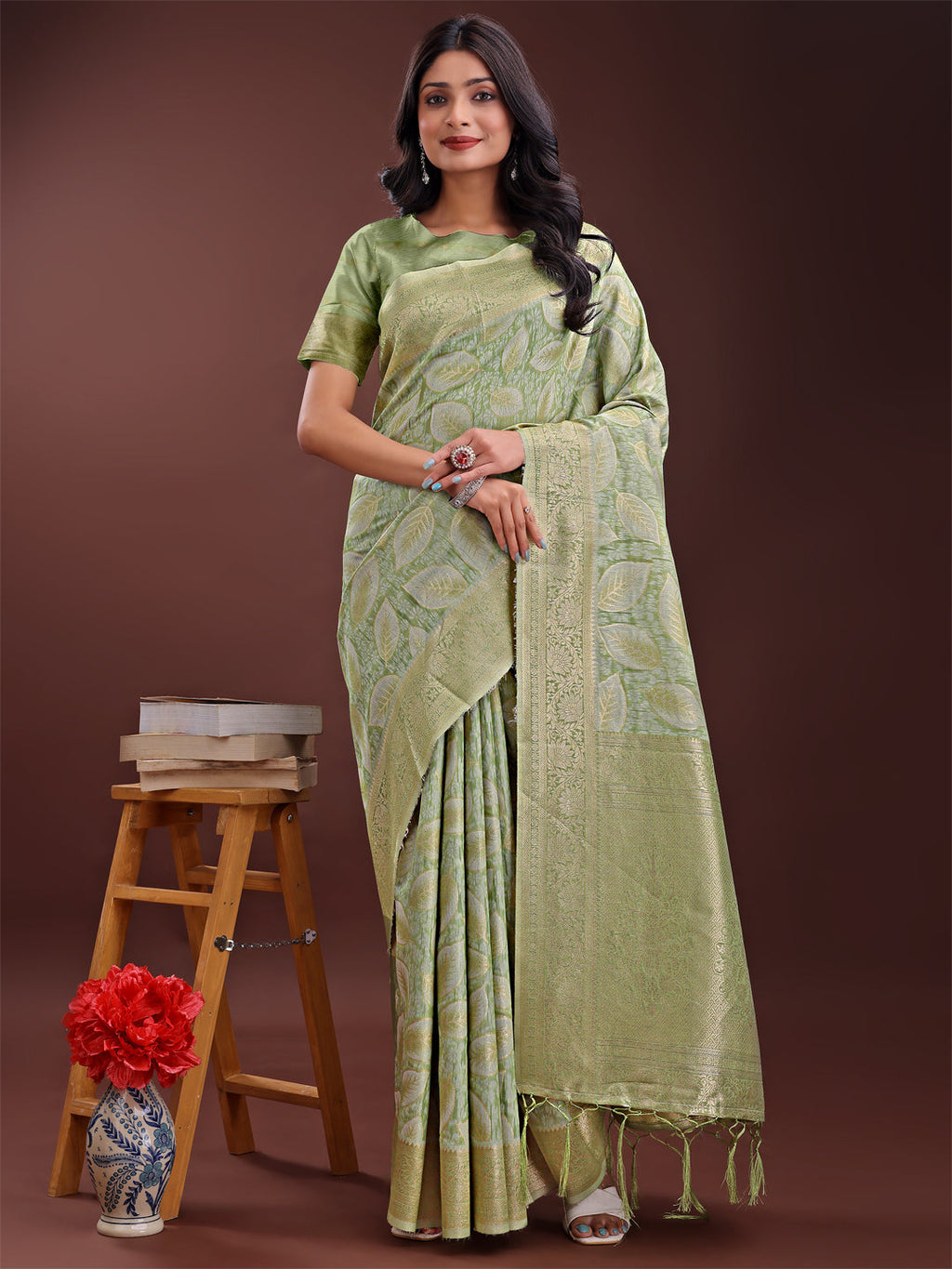 Shree Shyam Fashion Light Green Linen Cotton Saree with Golden Zari Leaf Design & Elegant Pallu - Festive | Office | Daily Wear