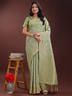 Shree Shyam Fashion Light Green Linen Cotton Saree with Golden Zari Leaf Design & Elegant Pallu - Festive | Office | Daily Wear