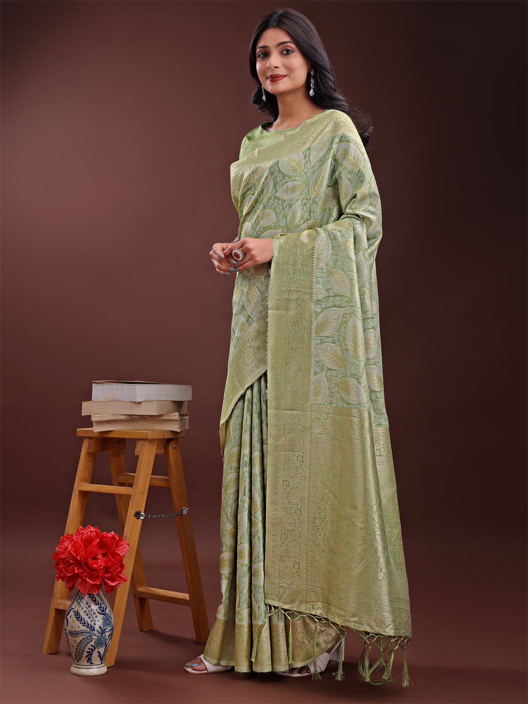 Shree Shyam Fashion Light Green Linen Cotton Saree with Golden Zari Leaf Design & Elegant Pallu - Festive | Office | Daily Wear