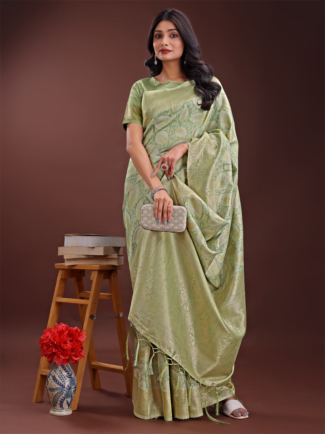 Shree Shyam Fashion Light Green Linen Cotton Saree with Golden Zari Leaf Design & Elegant Pallu - Festive | Office | Daily Wear