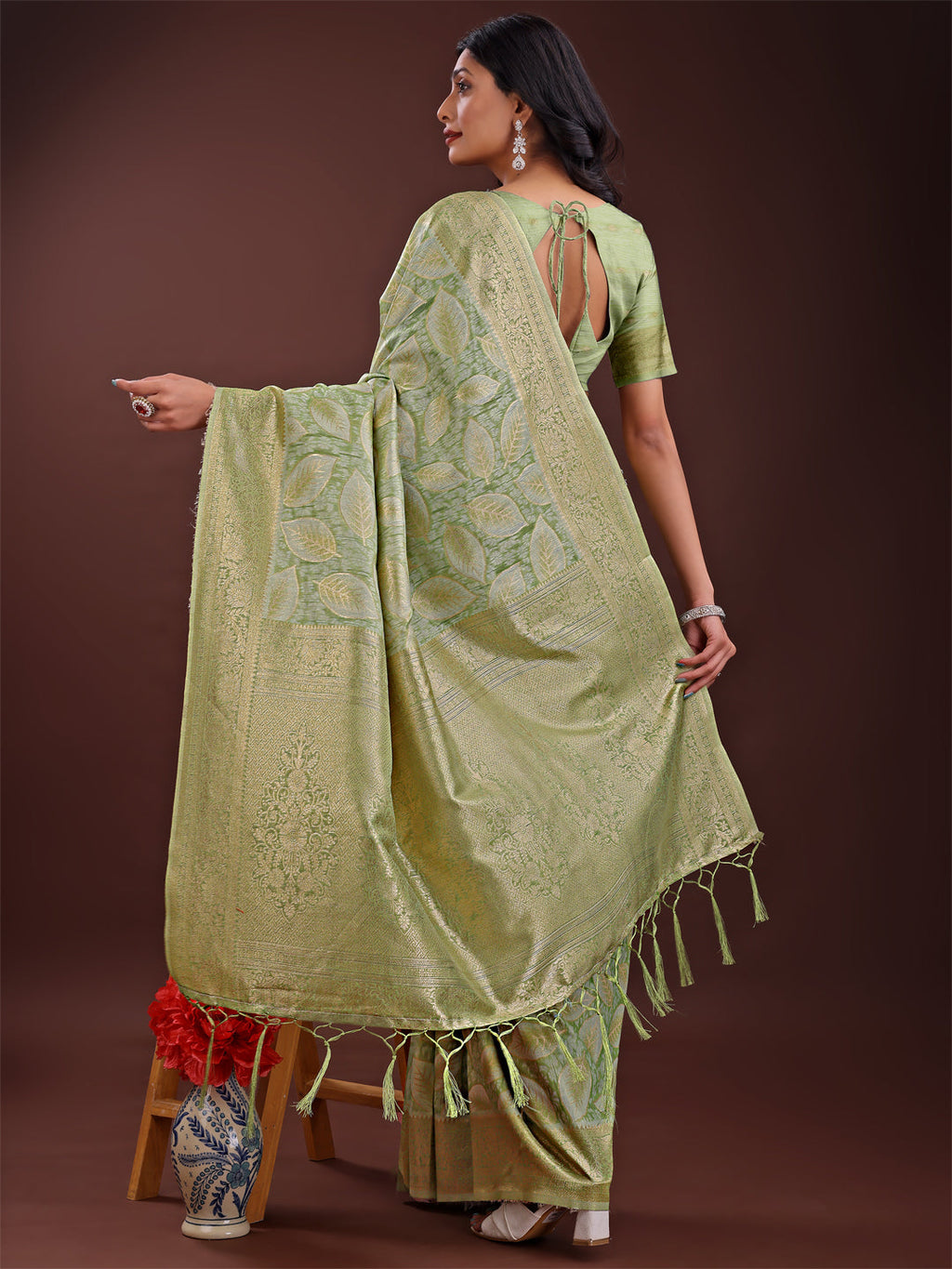 Shree Shyam Fashion Light Green Linen Cotton Saree with Golden Zari Leaf Design & Elegant Pallu - Festive | Office | Daily Wear