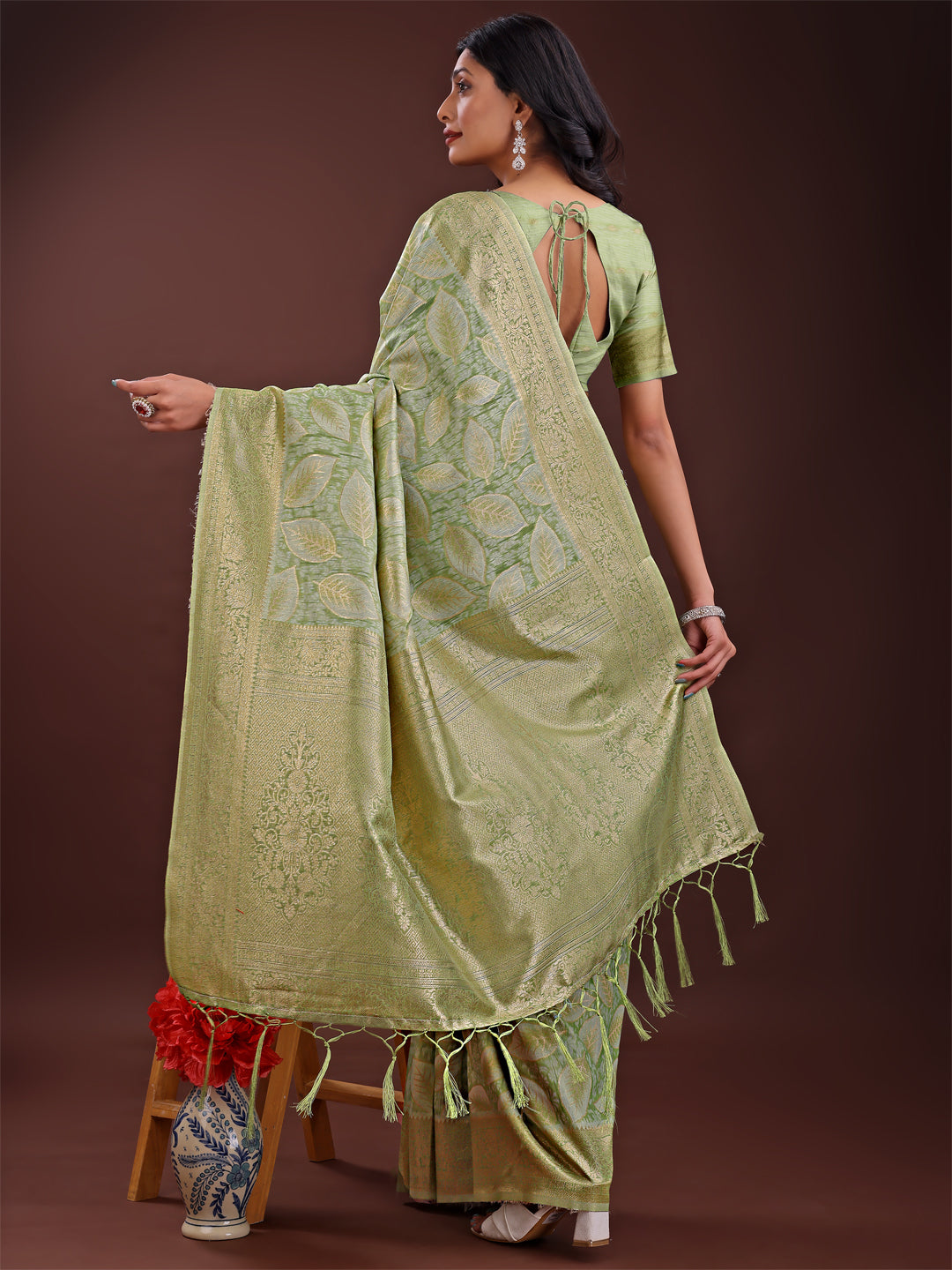 Shree Shyam Fashion Light Green Linen Cotton Saree with Golden Zari Leaf Design & Elegant Pallu - Festive | Office | Daily Wear