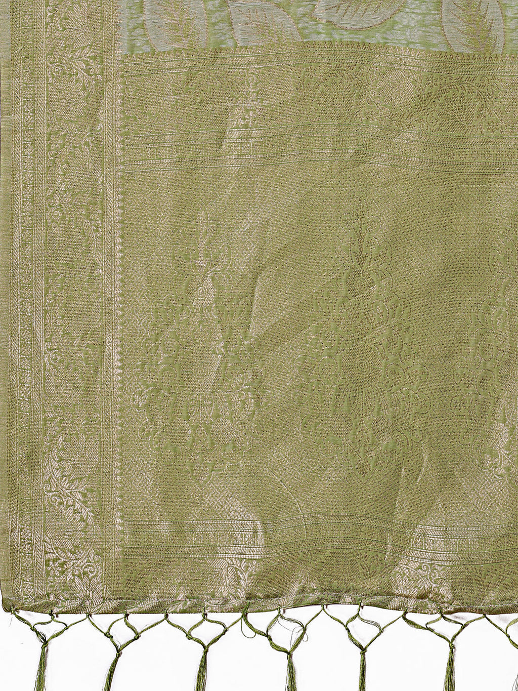 Shree Shyam Fashion Light Green Linen Cotton Saree with Golden Zari Leaf Design & Elegant Pallu - Festive | Office | Daily Wear