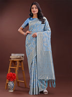 Shree Shyam Fashion Sky Blue Linen Cotton Saree with Golden Zari Leaf Design & Elegant Pallu - Festive | Office | Daily Wear