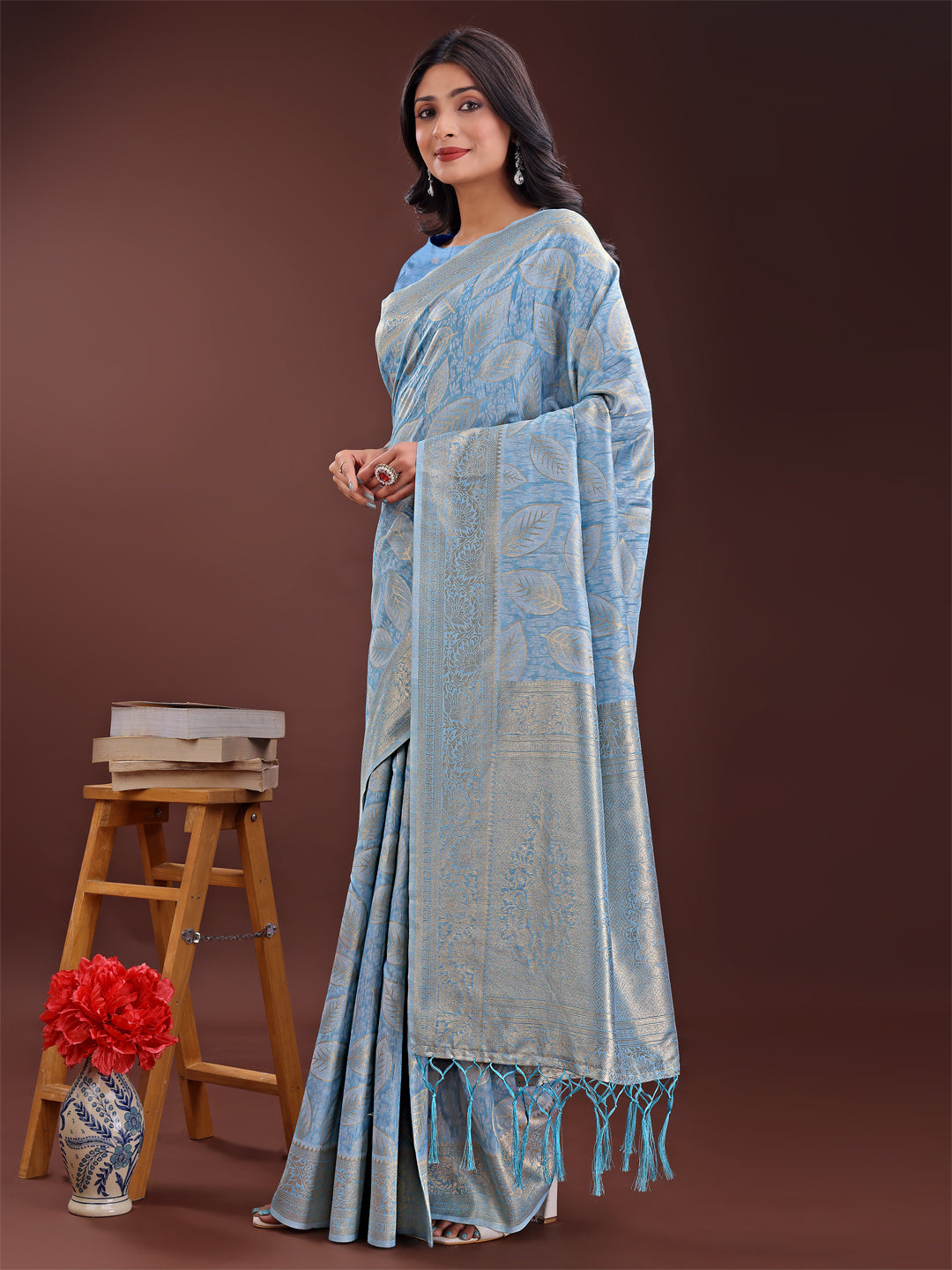 Shree Shyam Fashion Sky Blue Linen Cotton Saree with Golden Zari Leaf Design & Elegant Pallu - Festive | Office | Daily Wear