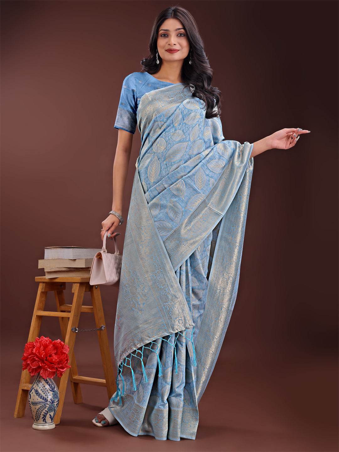 Shree Shyam Fashion Sky Blue Linen Cotton Saree with Golden Zari Leaf Design & Elegant Pallu - Festive | Office | Daily Wear