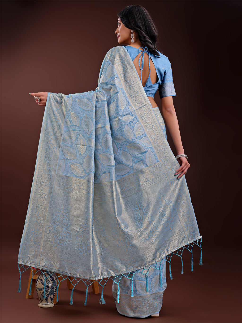 Shree Shyam Fashion Sky Blue Linen Cotton Saree with Golden Zari Leaf Design & Elegant Pallu - Festive | Office | Daily Wear