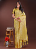Shree Shyam Fashion Yellow Linen Cotton Saree with Golden Zari Leaf Design & Elegant Pallu - Festive | Office | Daily Wear