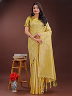Shree Shyam Fashion Yellow Linen Cotton Saree with Golden Zari Leaf Design & Elegant Pallu - Festive | Office | Daily Wear
