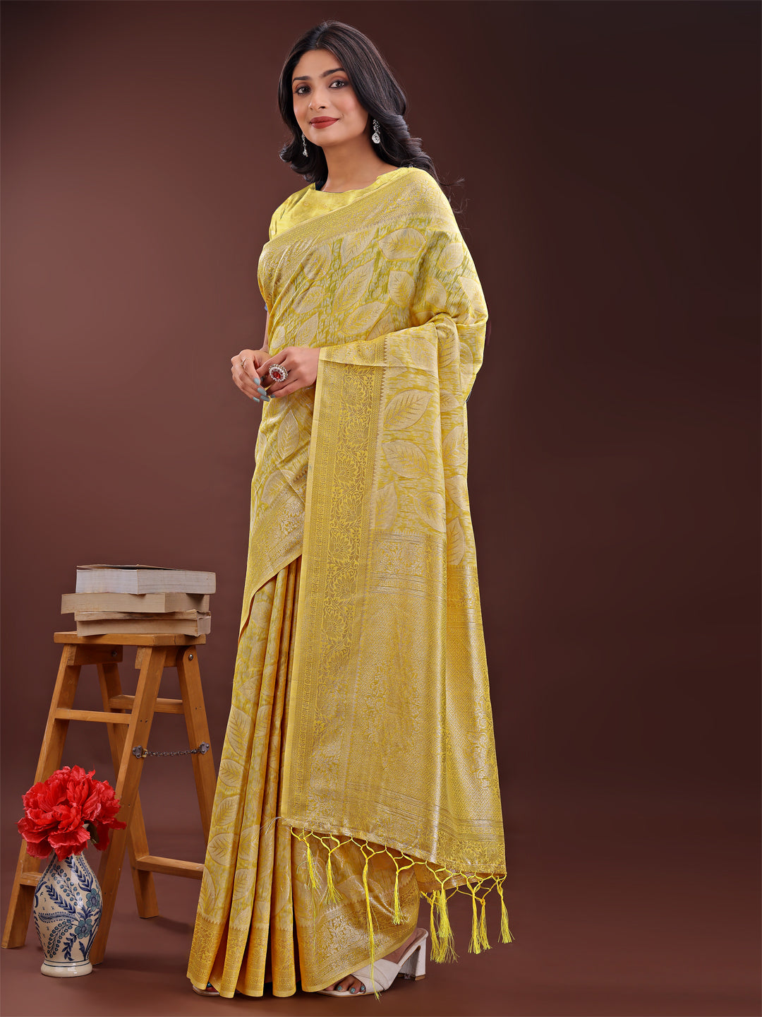 Shree Shyam Fashion Yellow Linen Cotton Saree with Golden Zari Leaf Design & Elegant Pallu - Festive | Office | Daily Wear