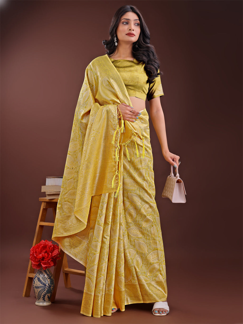 Shree Shyam Fashion Yellow Linen Cotton Saree with Golden Zari Leaf Design & Elegant Pallu - Festive | Office | Daily Wear