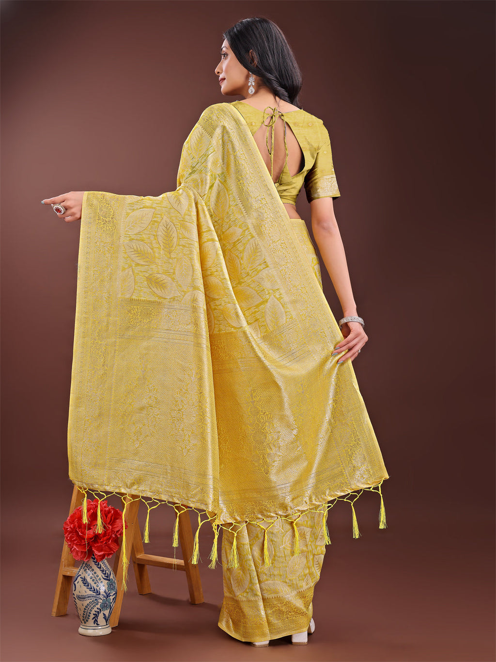 Shree Shyam Fashion Yellow Linen Cotton Saree with Golden Zari Leaf Design & Elegant Pallu - Festive | Office | Daily Wear