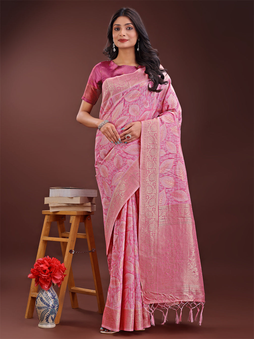 Shree Shyam Fashion Pink Linen Cotton Saree with Golden Zari Leaf Design & Elegant Pallu - Festive | Office | Daily Wear