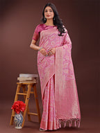 Shree Shyam Fashion Pink Linen Cotton Saree with Golden Zari Leaf Design & Elegant Pallu - Festive | Office | Daily Wear