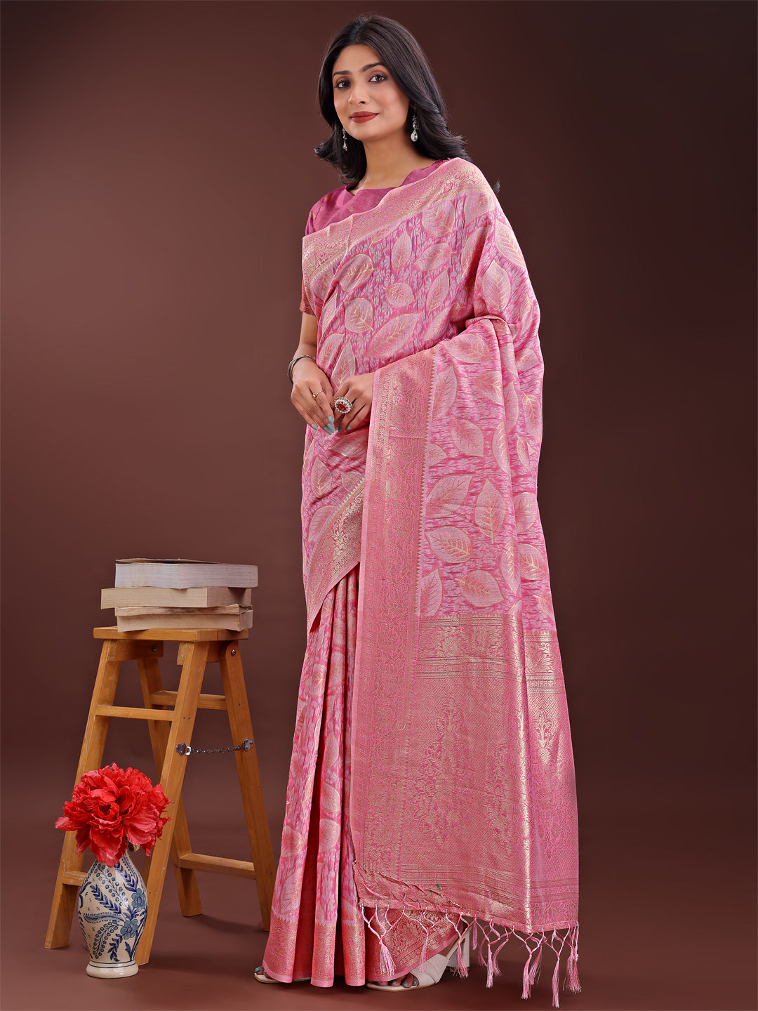 Shree Shyam Fashion Pink Linen Cotton Saree with Golden Zari Leaf Design & Elegant Pallu - Festive | Office | Daily Wear