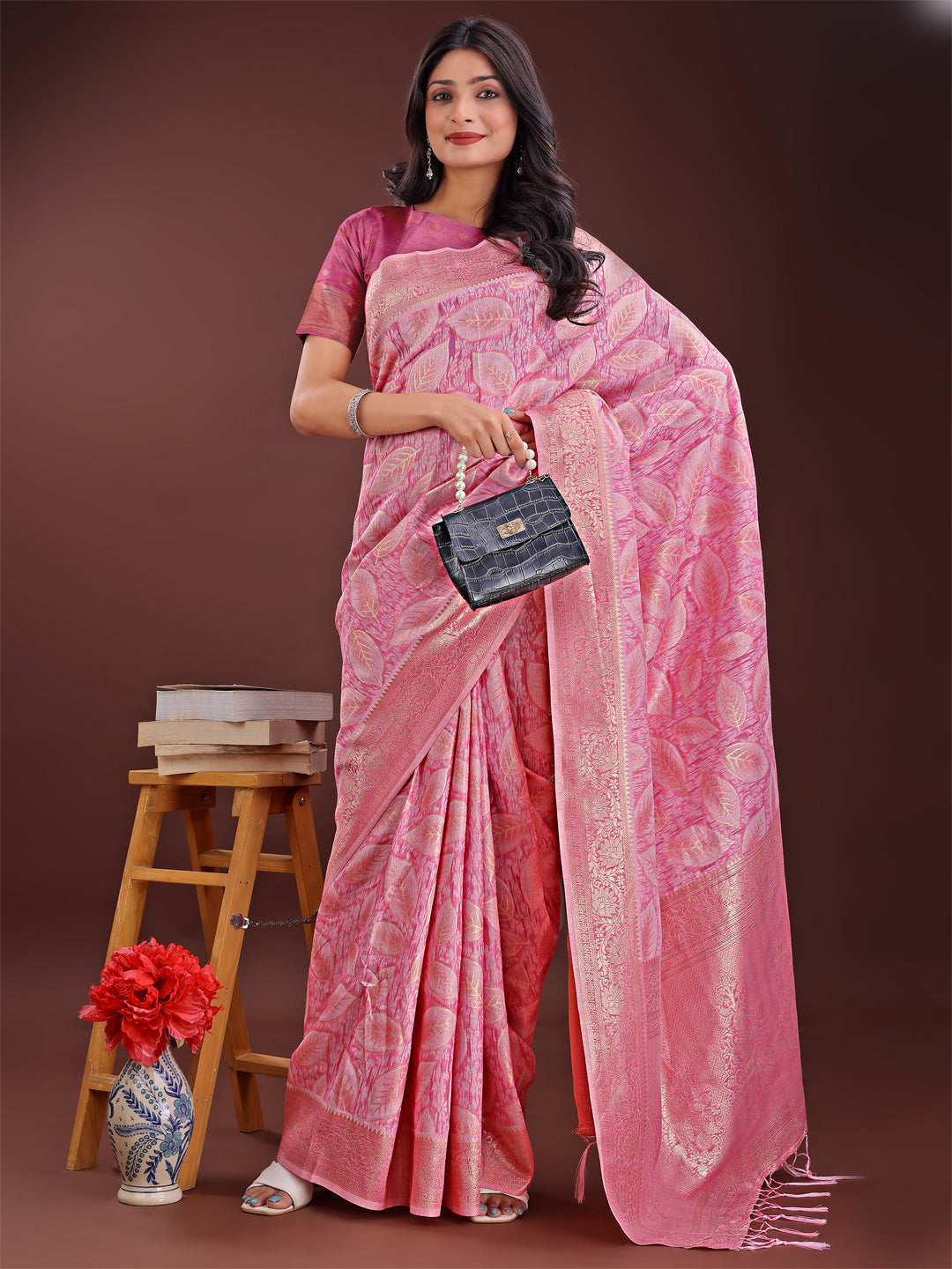 Shree Shyam Fashion Pink Linen Cotton Saree with Golden Zari Leaf Design & Elegant Pallu - Festive | Office | Daily Wear