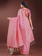 Shree Shyam Fashion Pink Linen Cotton Saree with Golden Zari Leaf Design & Elegant Pallu - Festive | Office | Daily Wear