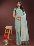 Shree Shyam Fashion Sea Green Linen Cotton Saree with Golden Zari Leaf Design & Elegant Pallu - Festive | Office | Daily Wear