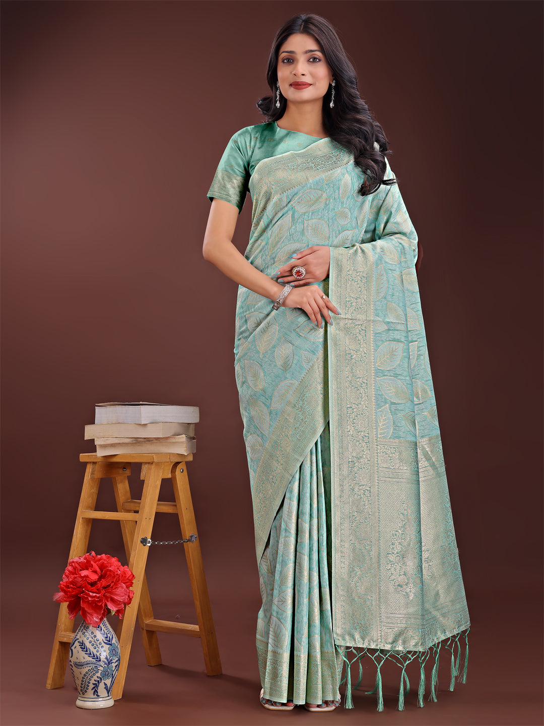 Shree Shyam Fashion Sea Green Linen Cotton Saree with Golden Zari Leaf Design & Elegant Pallu - Festive | Office | Daily Wear